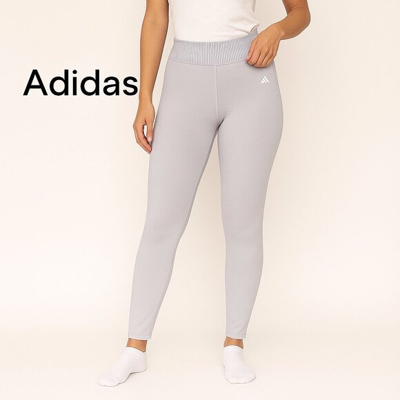 Adidas High Waisted Women's Gray Leggings with Ribbed Waste Band Size Large - Picture 1 of 5